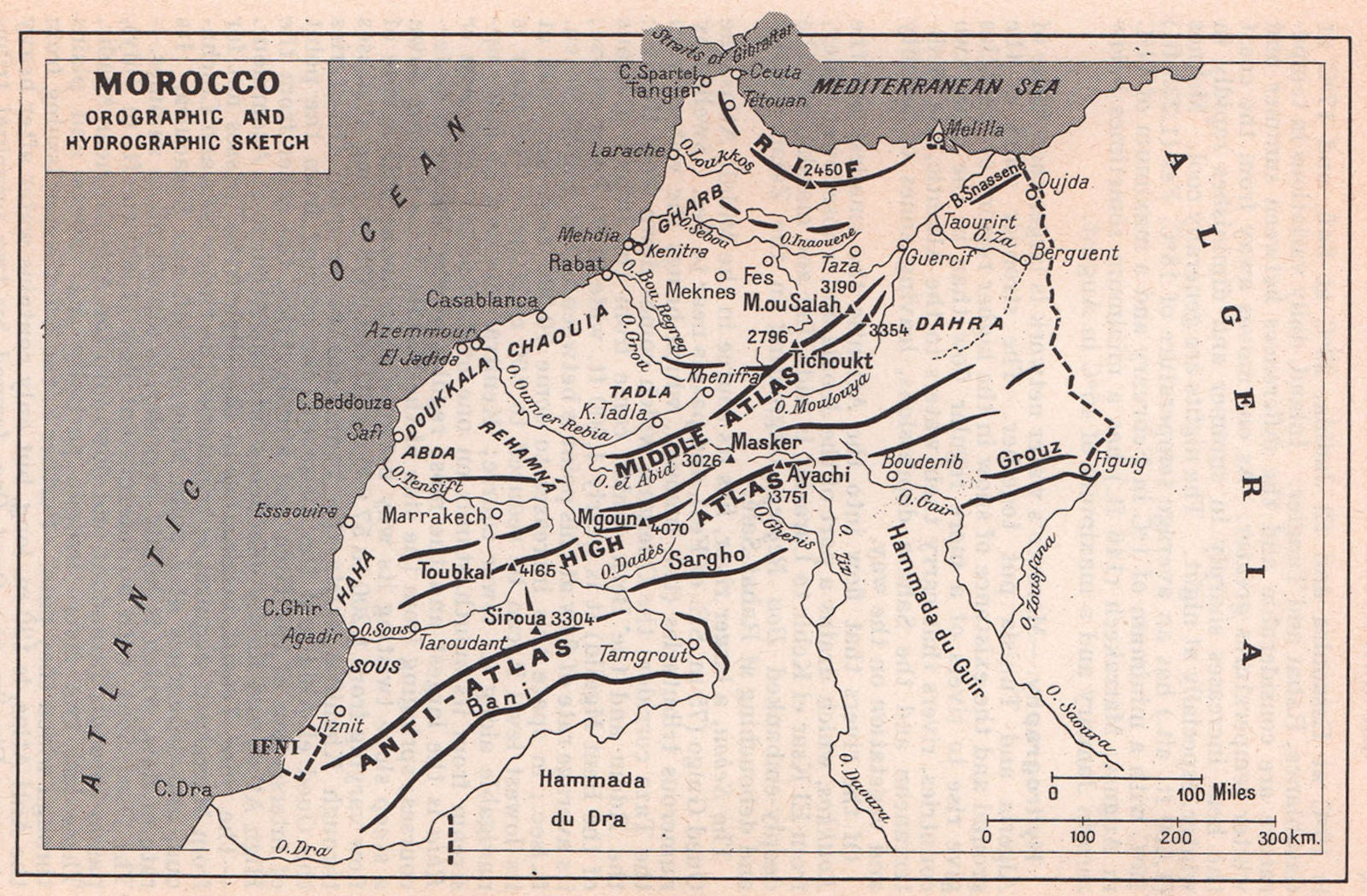 Morocco - orographic and hydrographic sketch 1966 old vintage map plan chart
